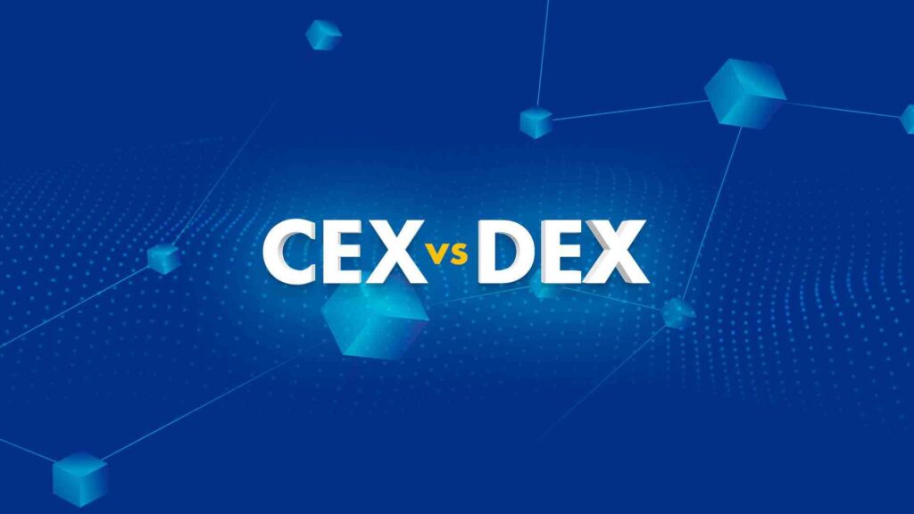 Graphic illustrating CEX vs DEX with a modern blue background featuring geometric shapes and a network pattern.