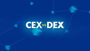 Graphic illustrating CEX vs DEX with a modern blue background featuring geometric shapes and a network pattern.