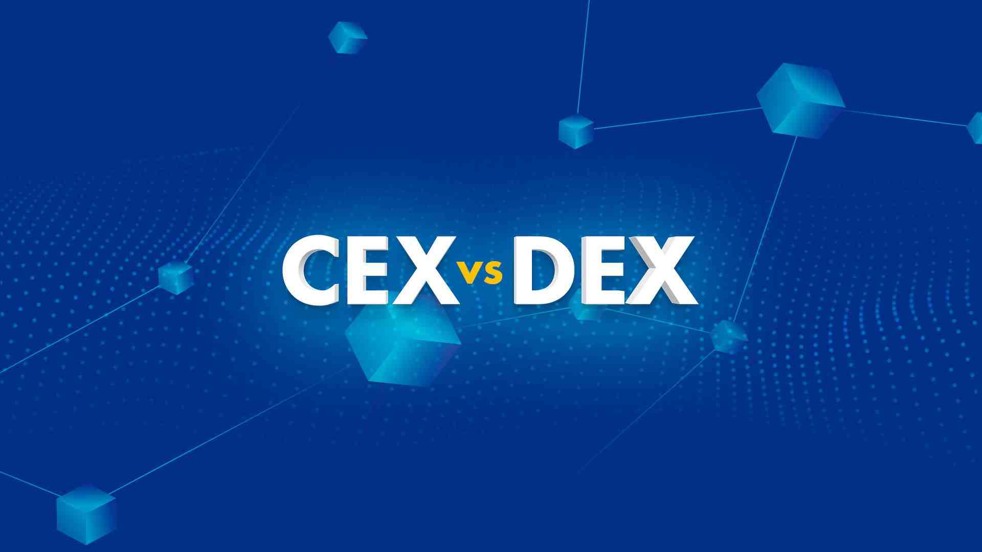 Graphic illustrating CEX vs DEX with a modern blue background featuring geometric shapes and a network pattern.