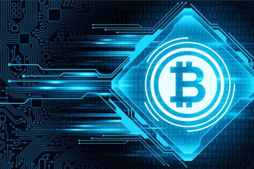 Digital illustration of a Bitcoin symbol integrated into a blue circuit board design, representing cryptocurrency technology.