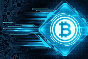 Digital illustration of a Bitcoin symbol integrated into a blue circuit board design, representing cryptocurrency technology.