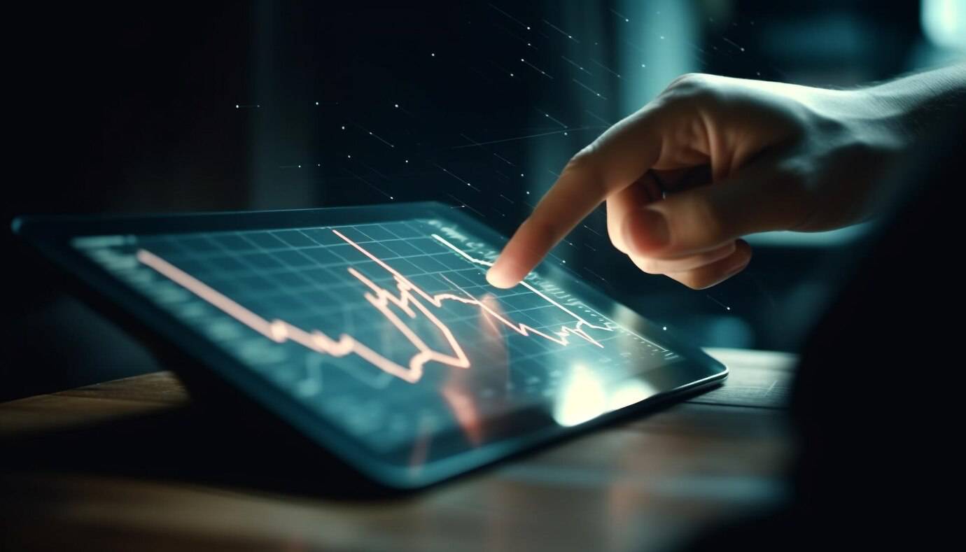 Person analyzing data charts on a digital tablet in a dimly lit room.