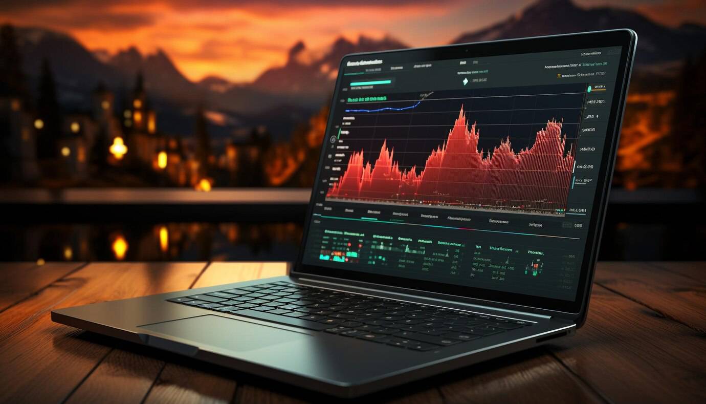 Laptop displaying stock market graphs on a wooden table with a sunset and mountainous backdrop.