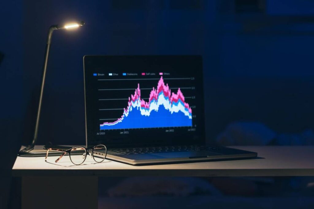 Laptop displaying cryptocurrency graphs on screen, glasses on desk, under a desk lamp in a dimly lit room.