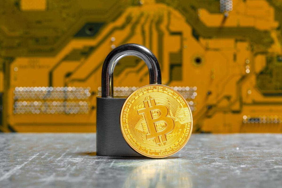 A padlock secures a gold Bitcoin coin against a circuit board background.