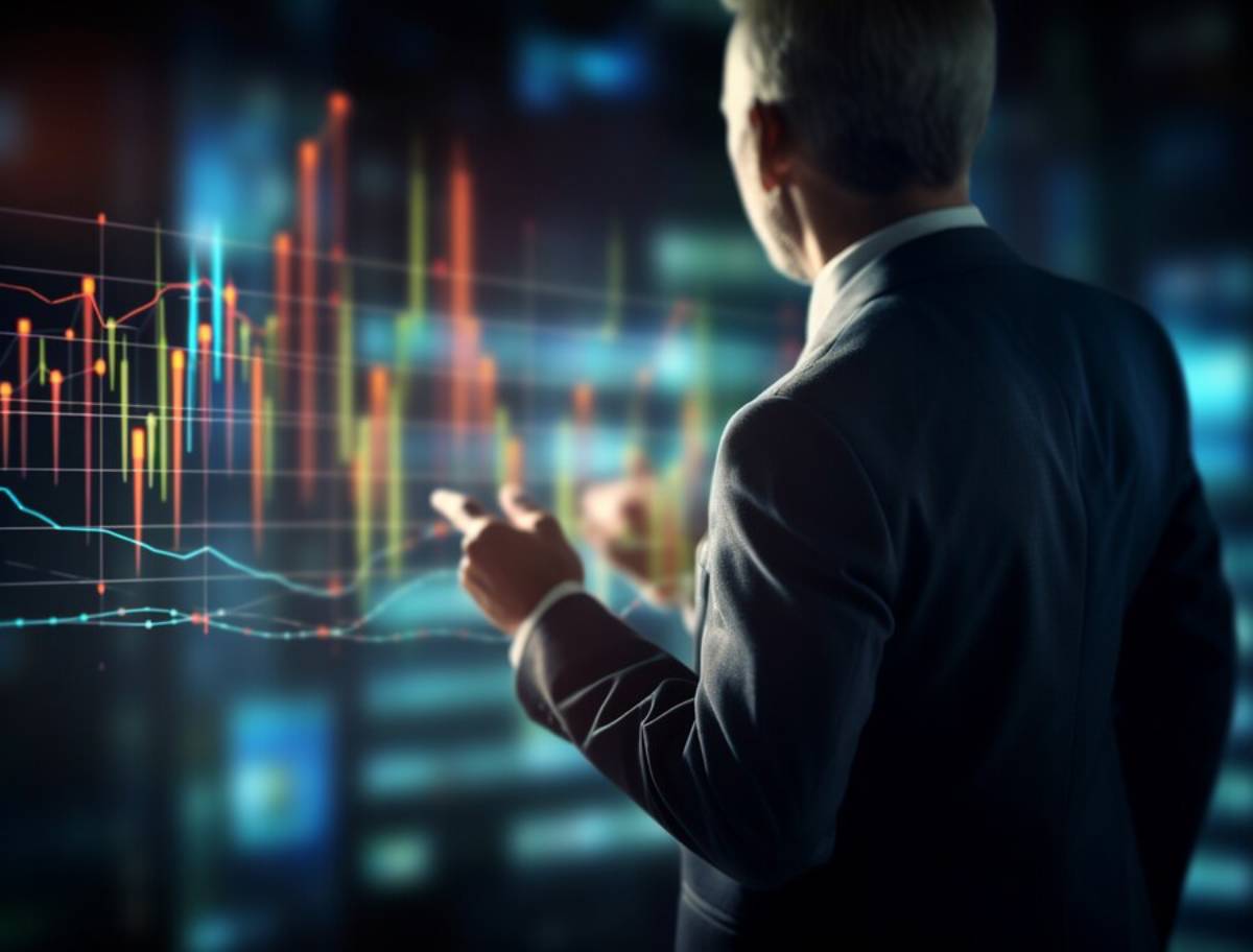 A business professional in a suit analyzes colorful financial graphs on a digital screen