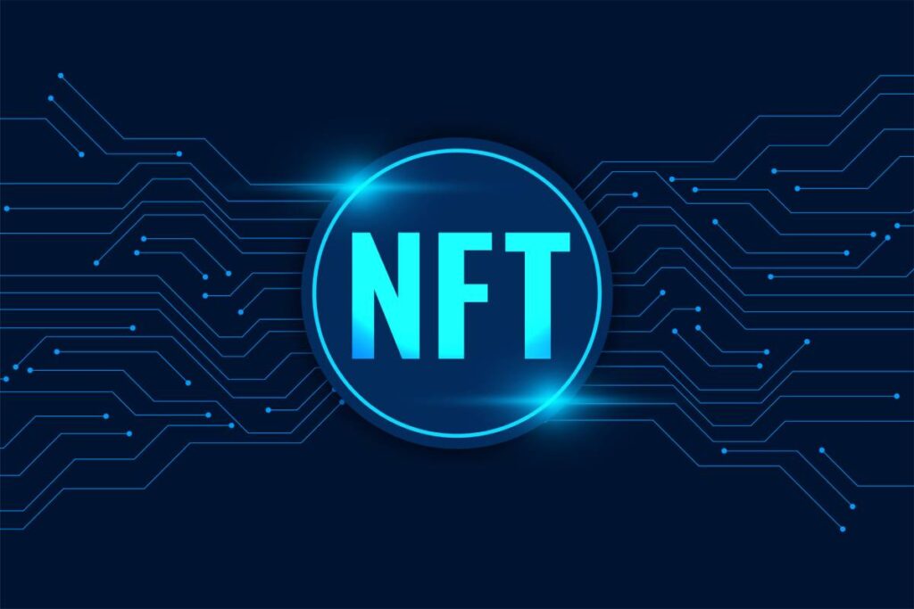 Graphic illustration showing the term "NFT" in glowing blue neon against a dark background with abstract digital circuit lines.