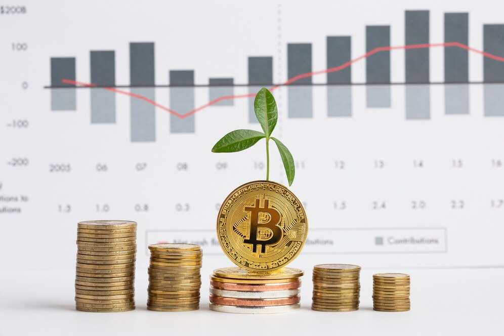A Bitcoin coin balanced on stacked coins with a young plant and a background graph showing financial growth.