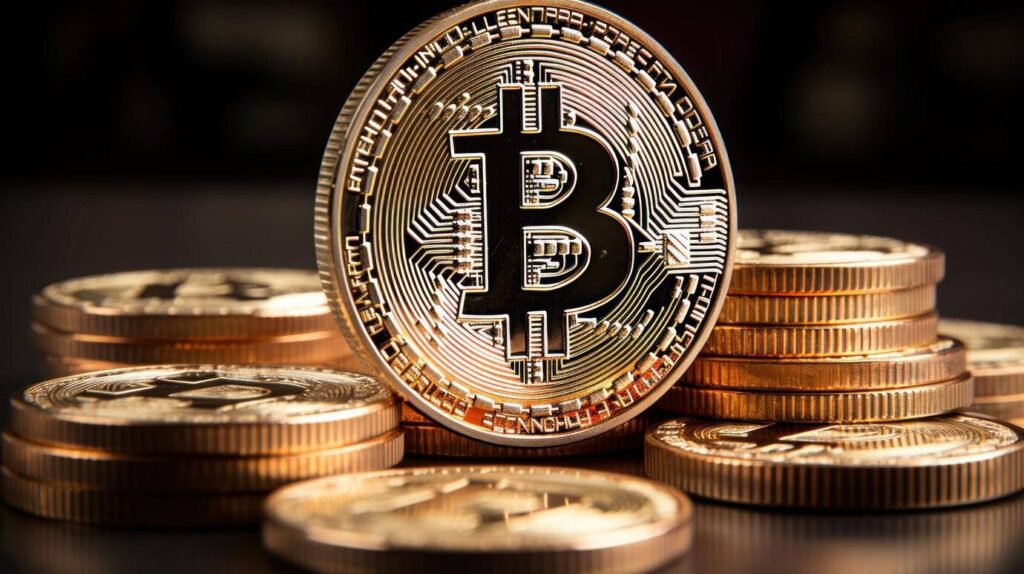 A shiny gold Bitcoin sits prominently among a stack of similar coins, symbolizing cryptocurrency investment and digital finance
