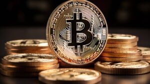 A shiny gold Bitcoin sits prominently among a stack of similar coins, symbolizing cryptocurrency investment and digital finance