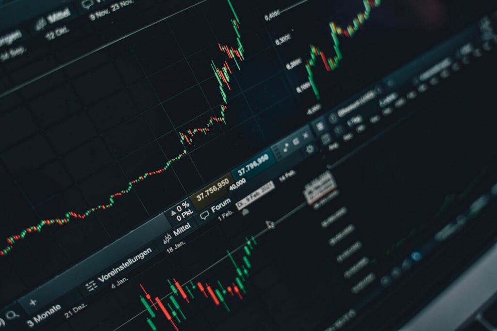 Computer screen displaying a detailed stock market graph with various indicators and data points, focused on finance and trading.