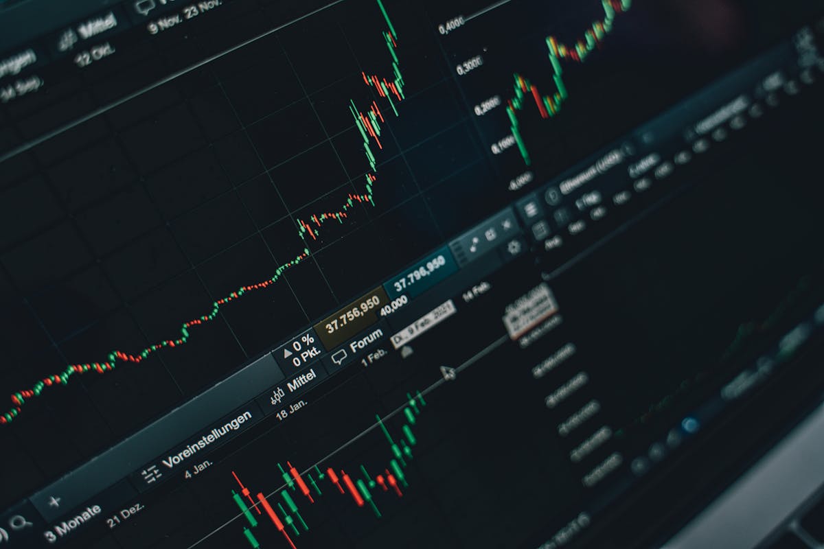 Computer screen displaying a detailed stock market graph with various indicators and data points, focused on finance and trading.