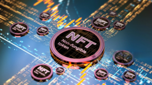 Digital artwork of various NFT (Non-Fungible Token) icons on a glowing futuristic cityscape background.