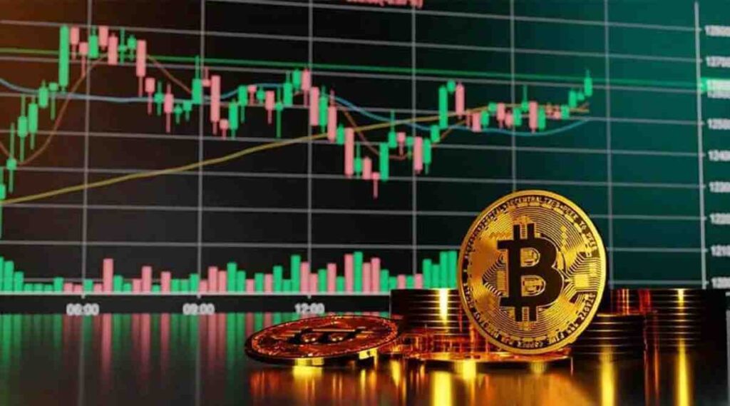 A stack of Bitcoin coins in front of a colorful cryptocurrency trading chart showing rising values.
