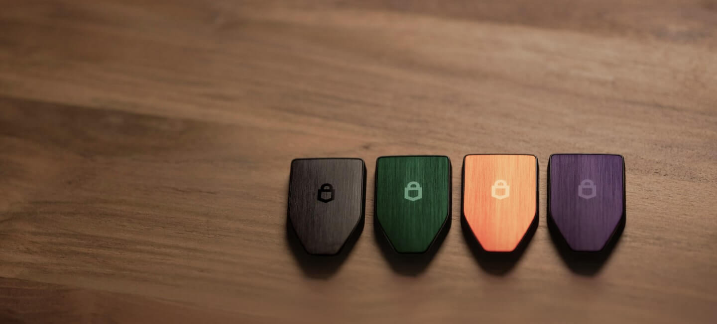 Four metal keys in black, green, orange, and purple, each featuring a lock symbol, displayed on a wooden surface.